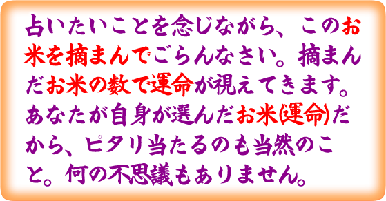 占いたいことを念じながら、このお米を摘まんでごらんなさい。摘まんだお米の数で運命が視えてきます。あなたが自身が選んだお米（運命）だから、ピタリ当たるのも当然のこと。何の不思議もありません。